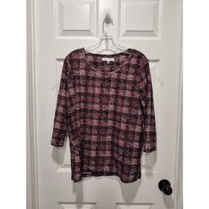 Women's Black Red White Emily Daniels Plaid Top Blouse 3/4‎ Sleeve Stretch LARGE